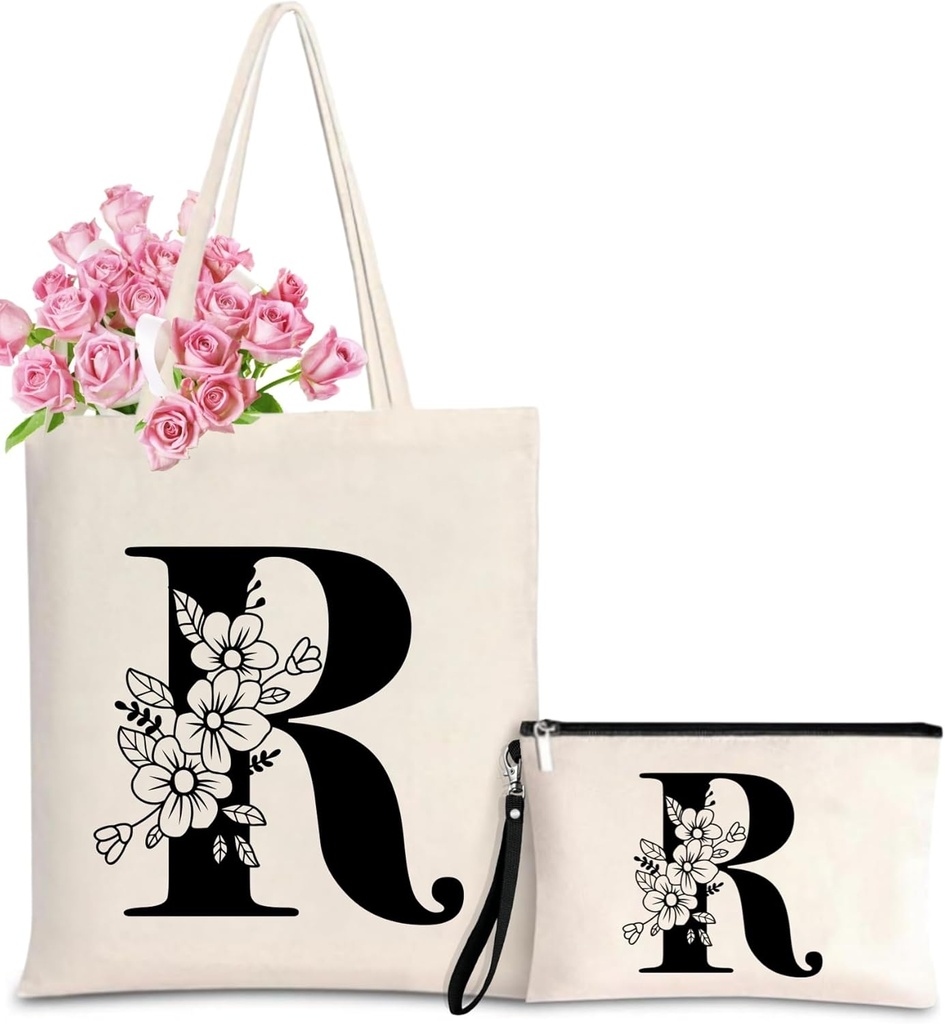 Personalized Initial Tote Bag for Women - Monogrammed Bags with Makeup Gift Bag for Wedding, Birthday, Teacher, Mother's Day