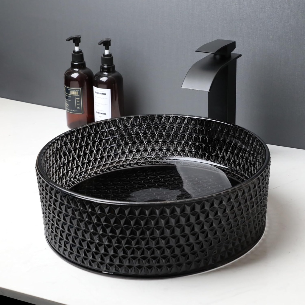 Black Crystal Bathroom Vessel Sink with Waterfall Faucet and Drain Combo,16 Inch Diamond Shaped Tempered Glass Sink Above Counter Round Bathroom Sink Bowl Art Basin