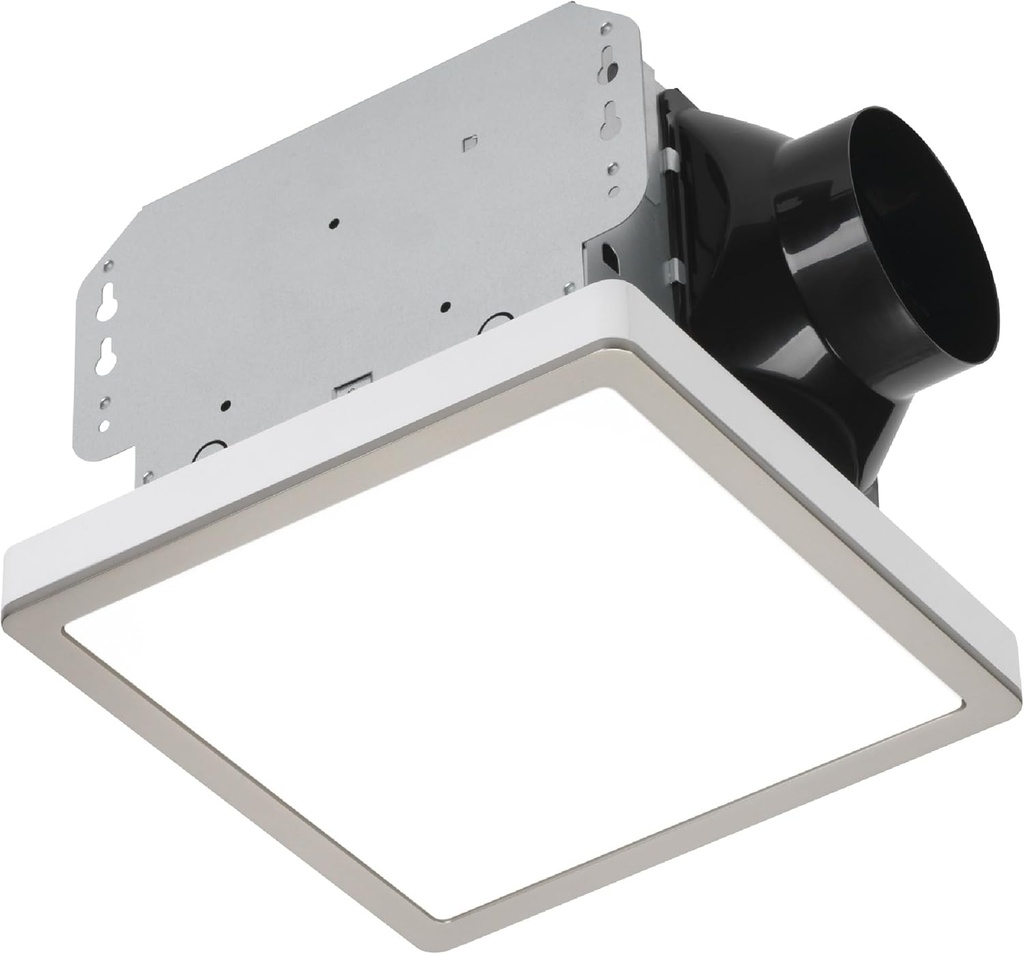 Homewerks 7105-12-BN Bathroom Fan with Light 100-CFM 2 Sones Square Ventilation Fan Dimmable LED Light and Magnetic Trim Ring Brushed Nickel