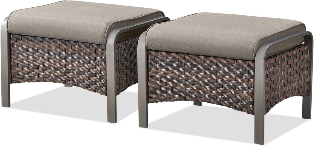 Belord Outdoor Ottomans for Patio - 250 LBS Weight Capacity PE Wicker Foot Rest Ottoman Set of 2 with Metal Frame Multipurpose Outdoor Foot Stool for Porch Balcony Backyard Brown Wicker Grey Cushions