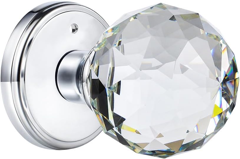 Crystal Glass Door Knobs Interior with Lock, Round Bathroom Bedroom Door Knobs (Privacy, Polished Chrome)
