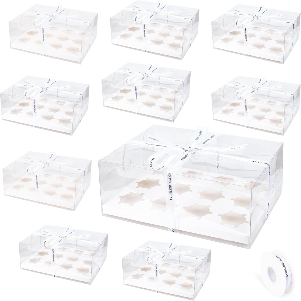 10 Pack Clear Cupcake Boxes, 12 Counts Cupcake Containers with Gift Ribbon, Plastic Cupcake Carrier Holder for Treat Dessert Cookies Muffins Pastry Baby Shower Party