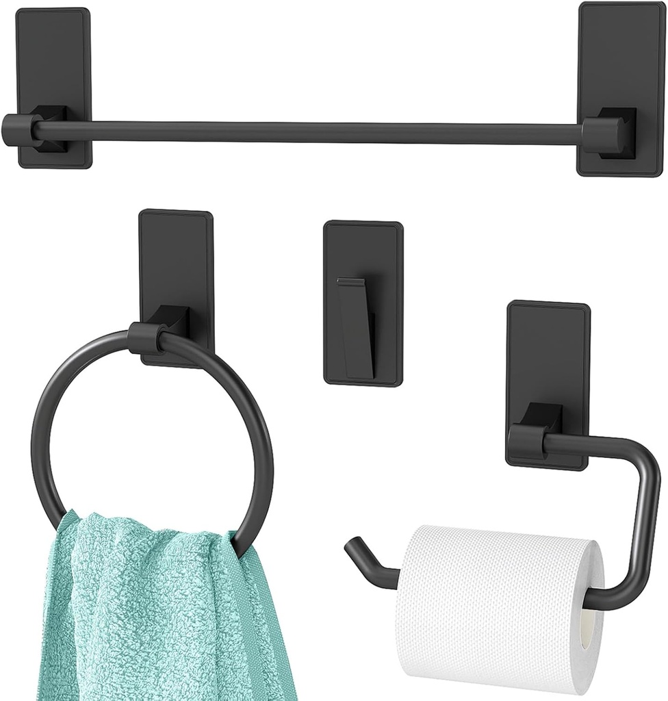 4 Pieces Bathroom Hardware Set, Adhesive Bath Towel Bar Set 16 Inch Towel Hanger, Toilet Paper Holder, Stainless Steel Towel Racks for Bathroom Wall Mounted