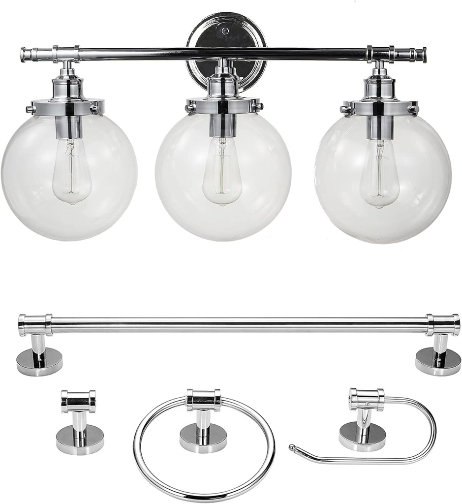 Globe Electric Milan 5-Piece All-in-One Bathroom Set, Chrome, 3-Light Vanity Light with Clear Glass Shades, Towel Bar, Towel Ring, Robe Hook, Toilet Paper Holder