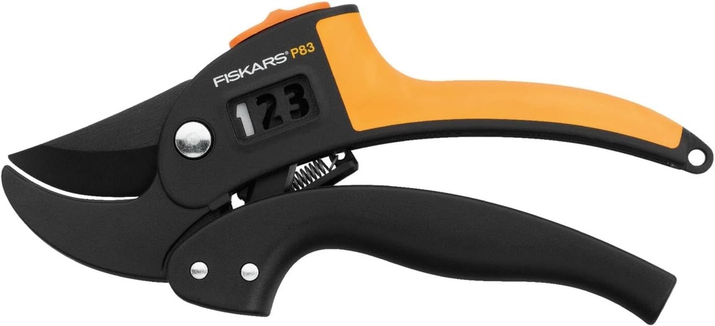 Fiskars PowerStep Pruner Anvil P83, Cutting diameter: 2.4 cm, Steel blades with non-stick coating, Length: 19 cm, Black/Orange, 1000575