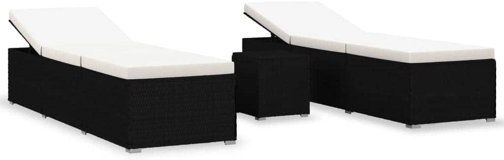 vidaXL 3 Piece Garden Sun Loungers Set with Tea Table Adjustable Armrests Cushions Outdoor Furniture PE Rattan Black and Cream for Balcony Poolside Lounger Lounge Chair Chaise Bed Patio Sunbed