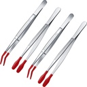 Honoson 4 Pieces Rubber Tipped Tweezers PVC Silicone Tip Tweezers Coated Flat and Bent Forceps for Lab Industrial Jewelry Craft Coin Stamp Tongs(Red)