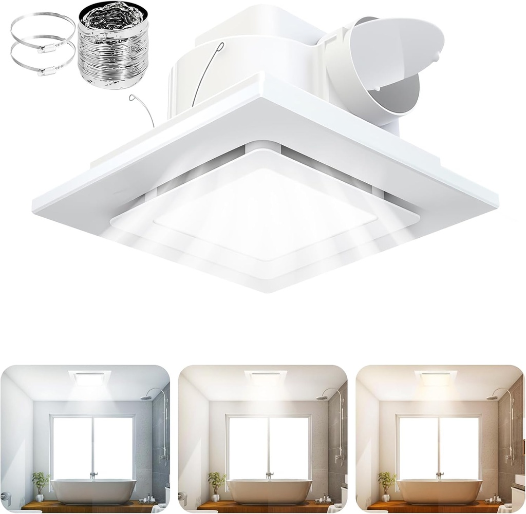 Exhaust Fan with Light, 12 inches Square Ceiling Mount Quiet Exhaust Fan with 12W 4000/5000/6000K Adjustable LED Light Combo, 1.0 Sones Low Quiet Ventilation Vents 110-220V for Office Hotel Home Bath