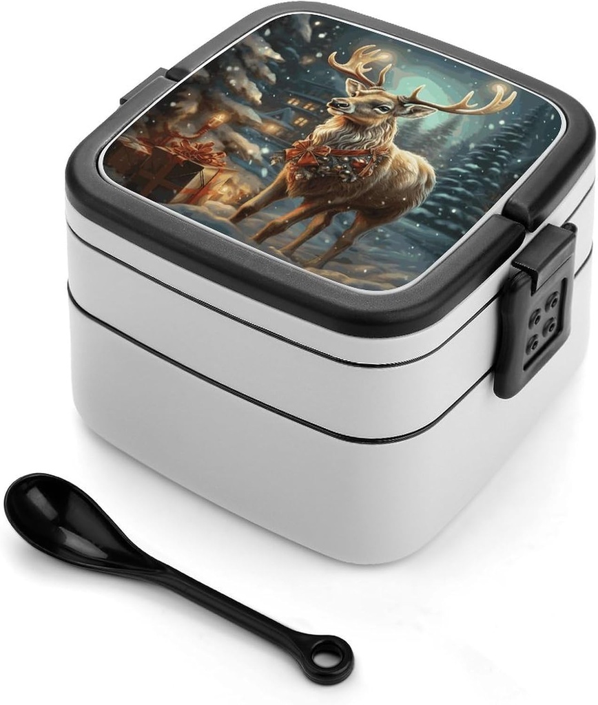 Stackable Double-Layer Bento Box Christmas Gift Reindeer Adults Lunchbox with Spoon Cute Japanese Bento Box Dishwasher Safe for Work Travel Dining Outc