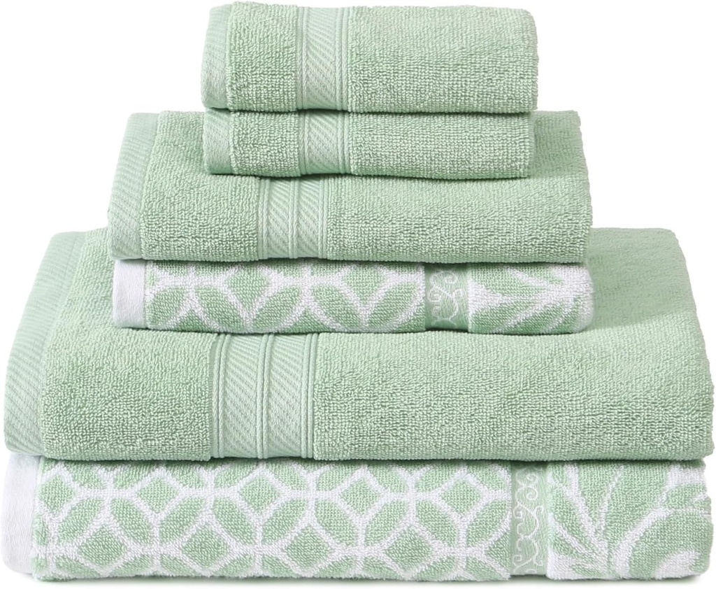 Modern Threads Trefoil Filigree 6-Piece 100% Cotton Towel Set – Reversible Yarn Dyed Jacquard – Includes 2 Bath Towels, 2 Hand Towels, 2 Washcloths – Absorbent, Quick Dry, Soft & Durable – Sage Green