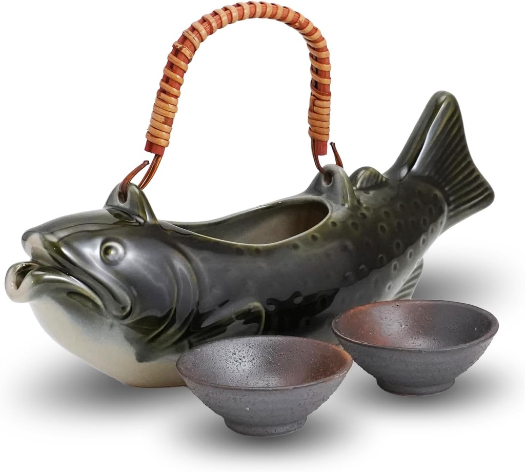 Japanese Char-Inspired Sake Set - 25.3 fl oz Mino Ware Bottle with 2 Chic Cups, Lead-Free, Kotsuzake, Sake, and Shochu - Enhance Your Drinking Experience