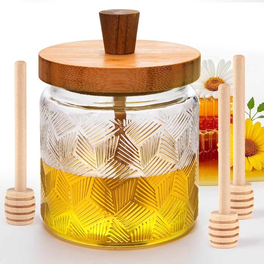Glass Honey Dispenser No Drip, 17.5 OZ Oversize Glass Honey Jars with Dipper and Lid Diamond Design Enhances Table Setting, Honey Pot Set Honey Container