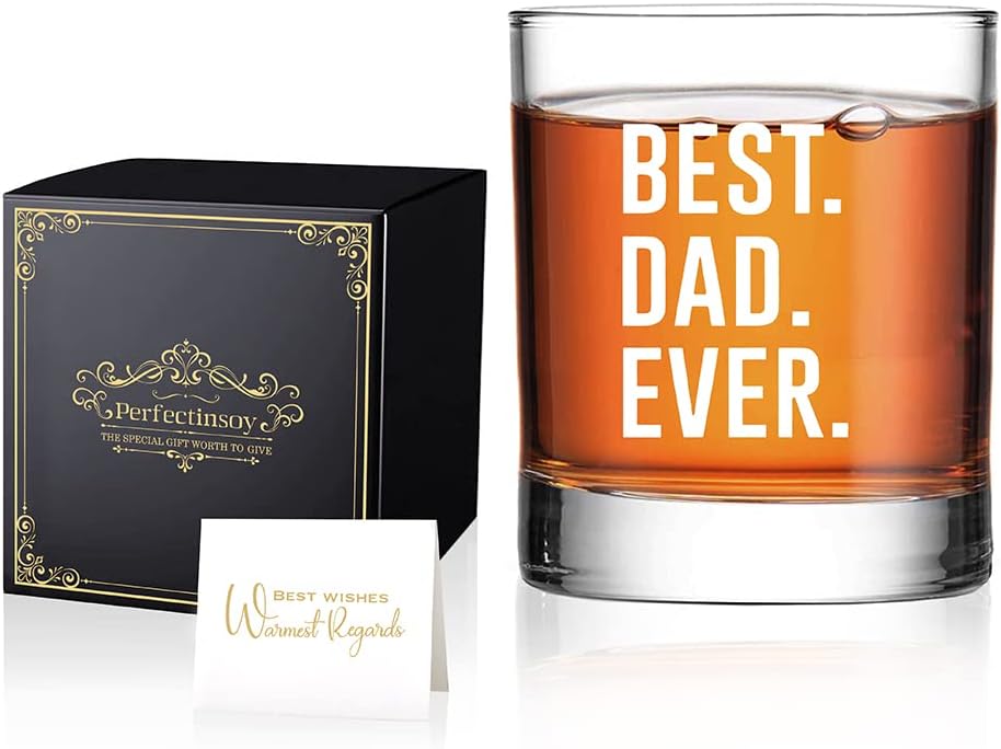 Perfectinsoy Best Dad Ever Whiskey Glass Gift Box, Funny Sarcastic Dad Whiskey Glass for Him Uncle Brother Husband Grandpa Dog Parents, Father's Day Gifts for Daddy from Daughter Son Wife