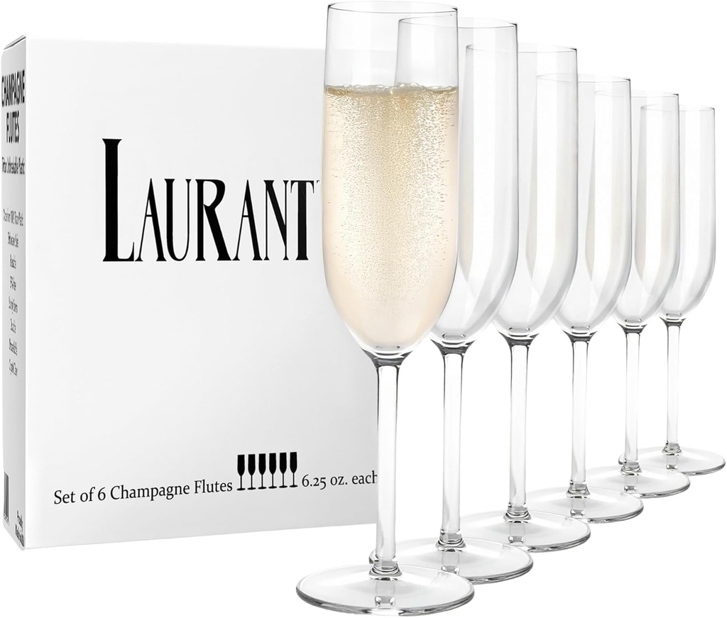 LAURANT Thick Crystal Clear Plastic Champagne Flutes Hand-Wash Reusable Indoor, Outdoor, Perfect for Parties, BBQs, Picnics, Pool Side, Camping, Holidays, Weddings (6.25 oz-Set of 6) Made in USA