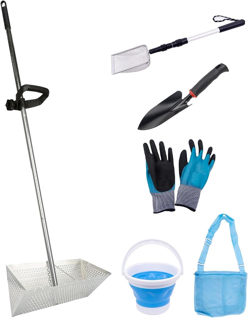 Sand Fleas Rake Set, Detachable 52 Inches Long Handle, Includes Sand Flea Rake, Sand Sifter, Beach Bag, Black Beach Shovel, Foldable Fishing Bucket, Pair of Gloves
