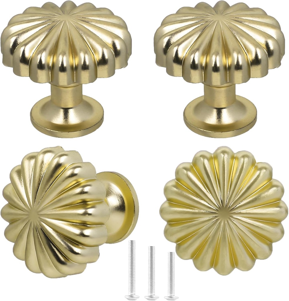 Gold Cabinet Knobs 4 Pack Gold Kitchen Drawer Door Knob Brushed Gold Dresser Knobs Pumpkin Pulls 30mm/1.18in for Bathroom Chest Closet Door Cupboard