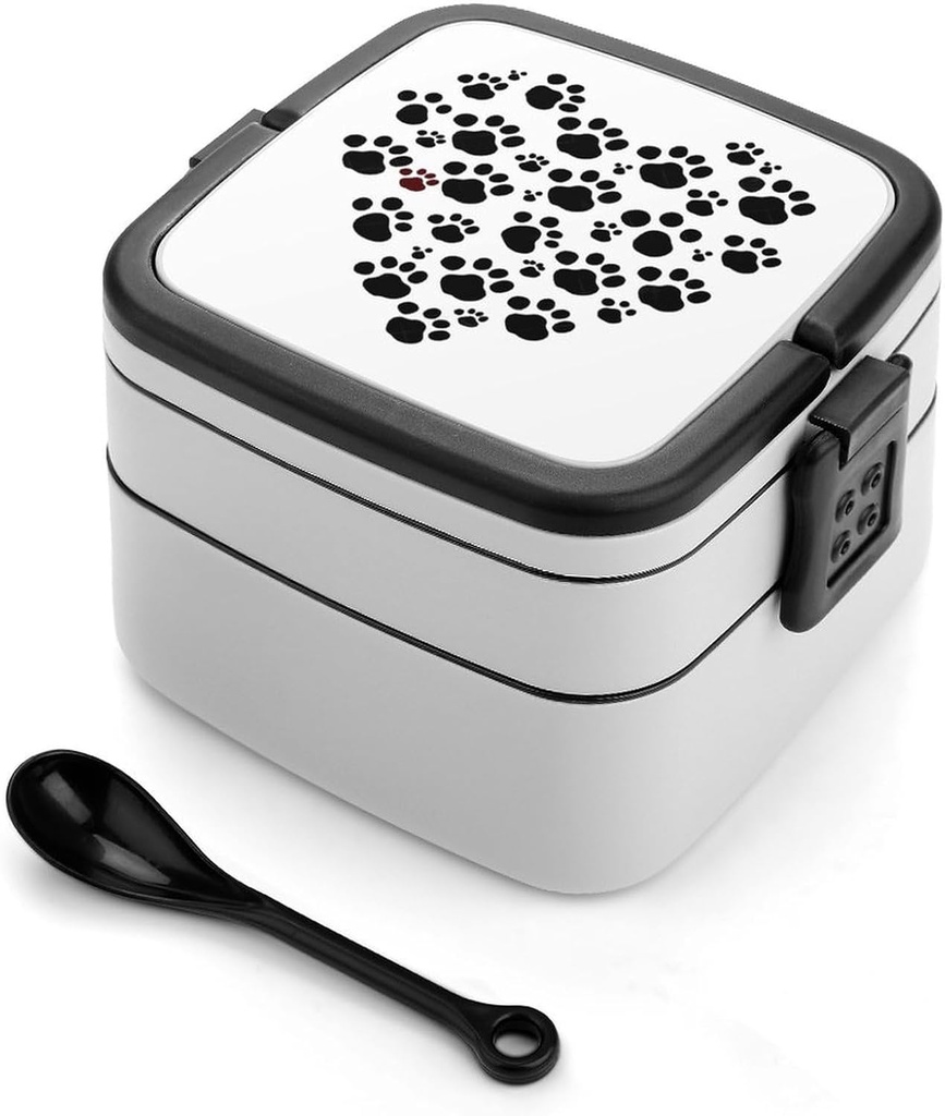 Dog Paw Print Love Heart Bento Box Adult Lunch Box All-in-One Lunch Containers with Removable Compartments Double Layer Bento Lunch Box with Spoon And Handle Stackable Lunchbox