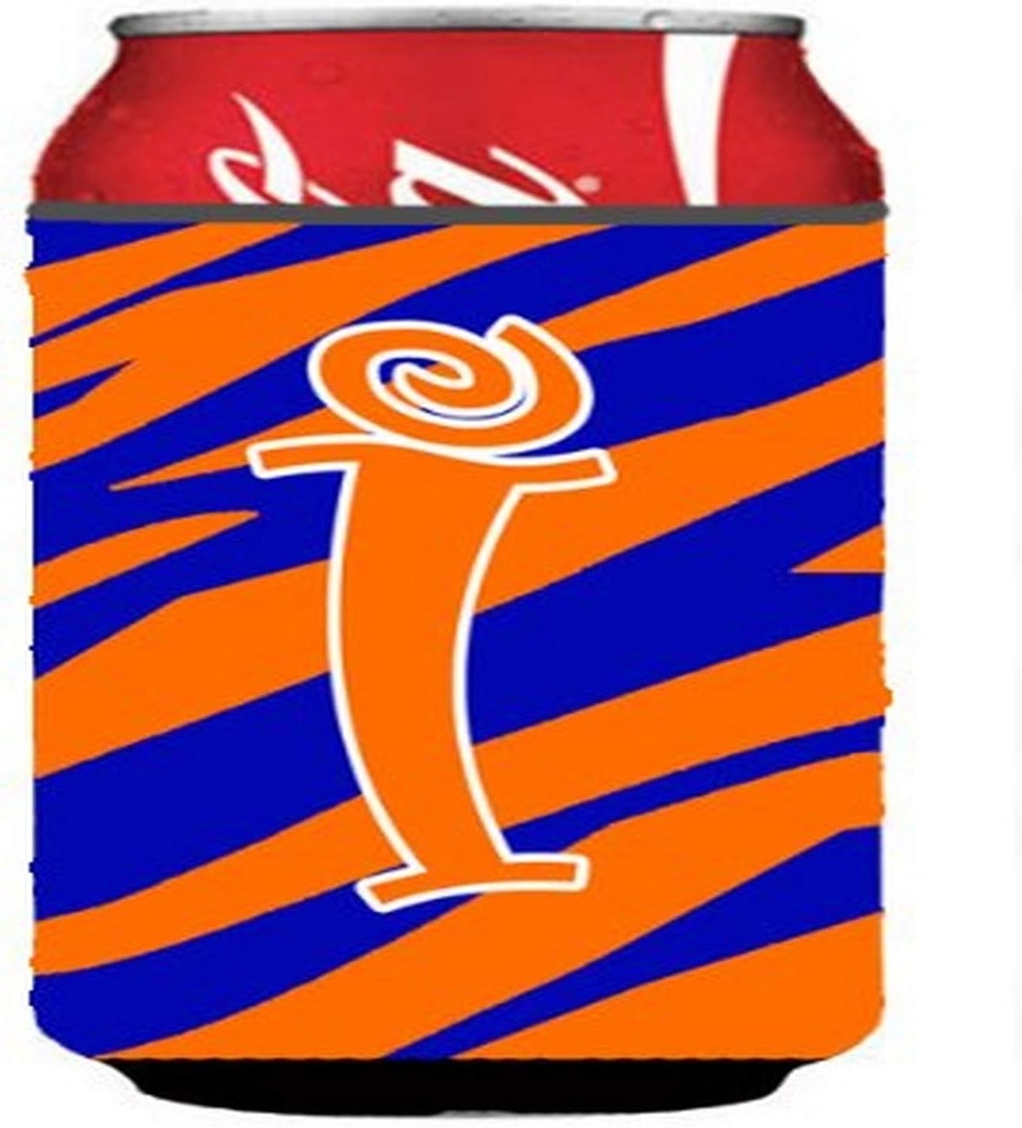 Caroline's Treasures CJ1036-ICC Letter I Initial Tiger Stripe Blue and Orange Can or Bottle Hugger Cooler Washable Drink Sleeve Collapsible Beverage Insulated Holder, Can Hugger, Multicolor