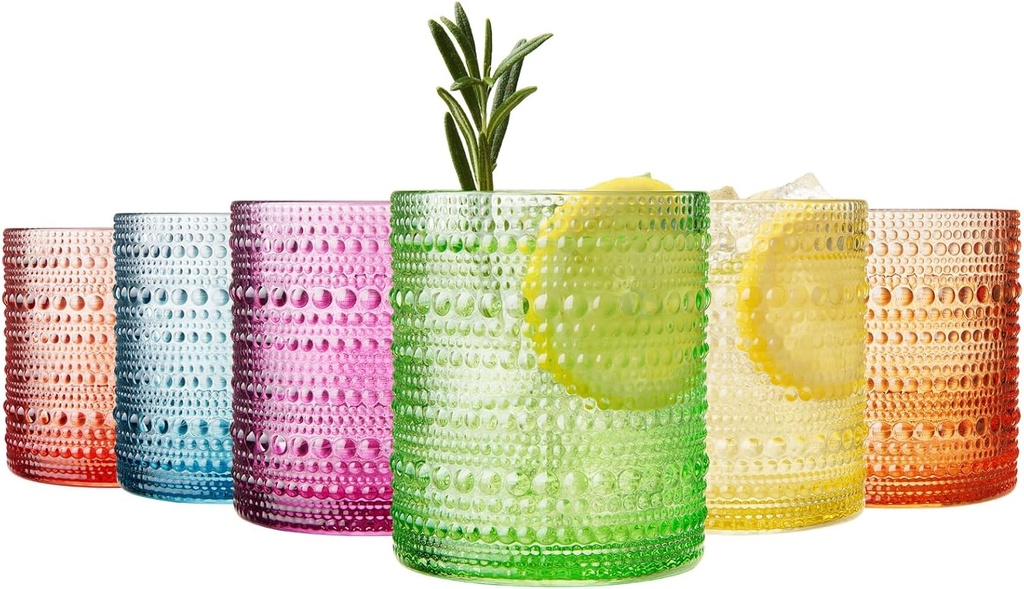 Khen Hobnail Drinking Glasses - Colorful Tumblers, 10 oz Drinkware for Parties, Brunches, BBQs, Picnics & Gifts - Cups for Cocktails, Iced Tea & Juice - BPA-Free - Set of 6, Summer Colors