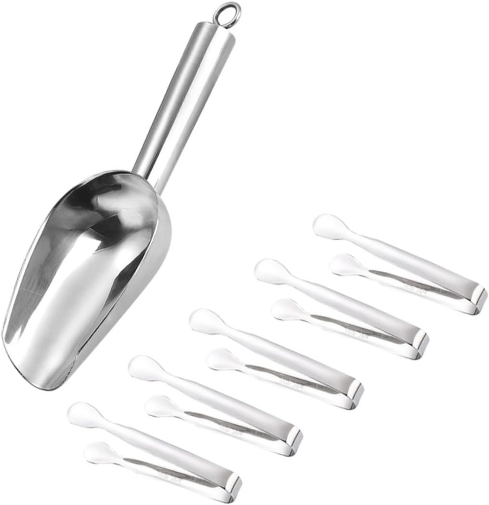 Stainless Steel Ice Cube Scoop and Tongs Set Sturdy Food-Grade Ice Serving Tongs Sharp Teeth for Easy Grabbing for Parties and Kitchen Use
