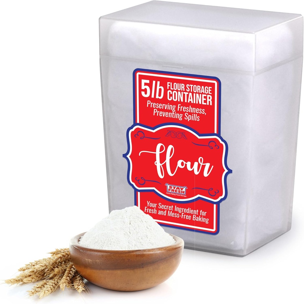 Stay Fresh Clear Flour Storage Container - Plastic Flour Canister for Kitchen Pantry, Baking Needs - Holds 5LB - Large Form - Fitting Food Keeper Bin