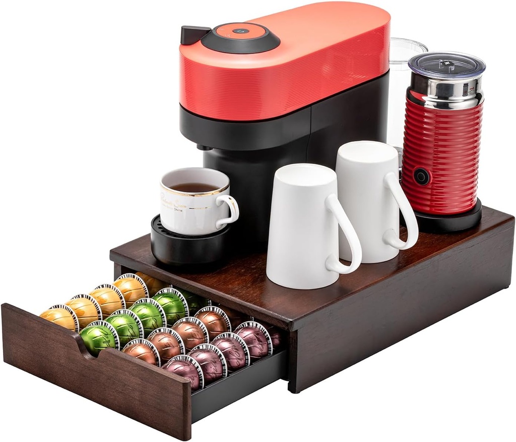 Flagship Vertuo Pod holder for Nespresso Pod Drawer Coffee Pod Organizer Modern Style & Coffee Machine Stand Wood Frame(40 Pods Capacity)