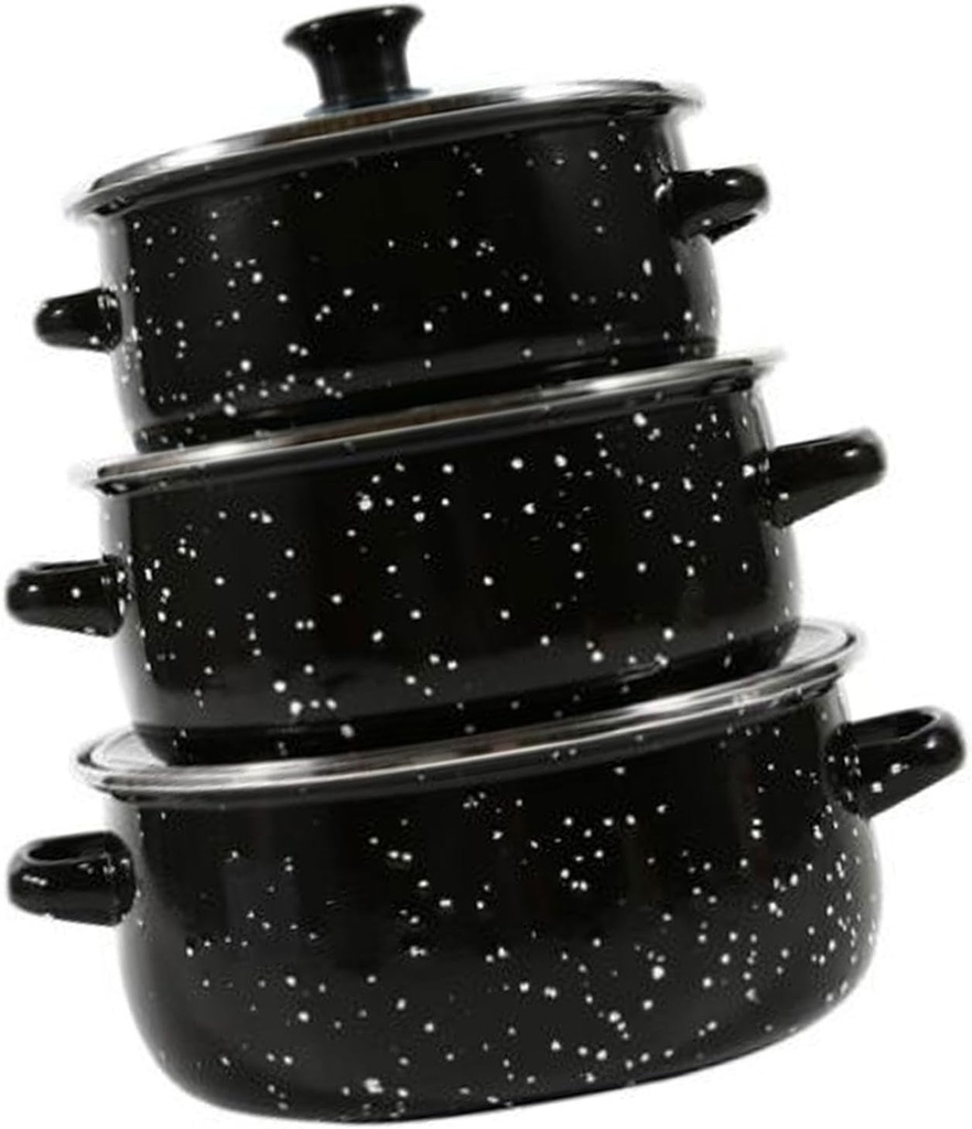 3 Pieces Enamel Stockpot with Lid Simmer Pot Heat Resistant Creative Sturdy Slow Cooker with Double Handles for Bridal Shower, black