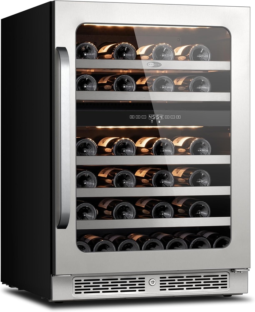 Dual Zone Wine Fridge Cooler Seamless One-Piece Frame 24 inch Wine Refrigerator Under Counter Dual Layer Glass Door 3 Color LED Light Built in Freestanding Fridge for Home Bar 5.65 cu.ft. 46 Bottles