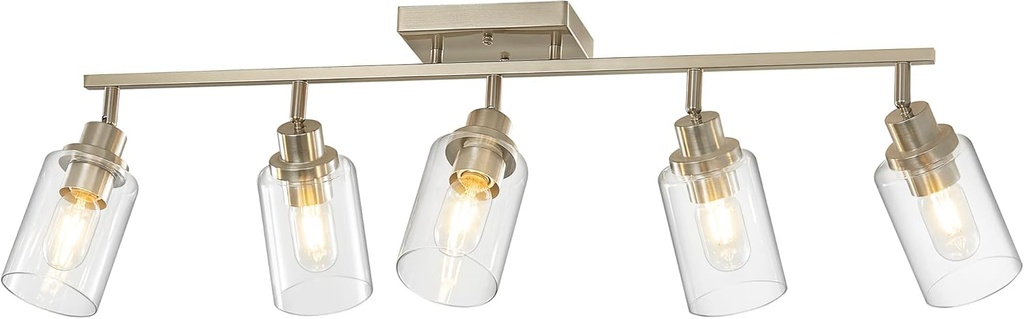 LOUSACE 5-Light Brushed Nickel Track Lighting Kit with Clear Glass, Modern Track Light Fixtures Flush Ceiling Mounted, Tracking Vanity Lighting Rotatable Spotlight for Kitchen Bathroom Accent Shop