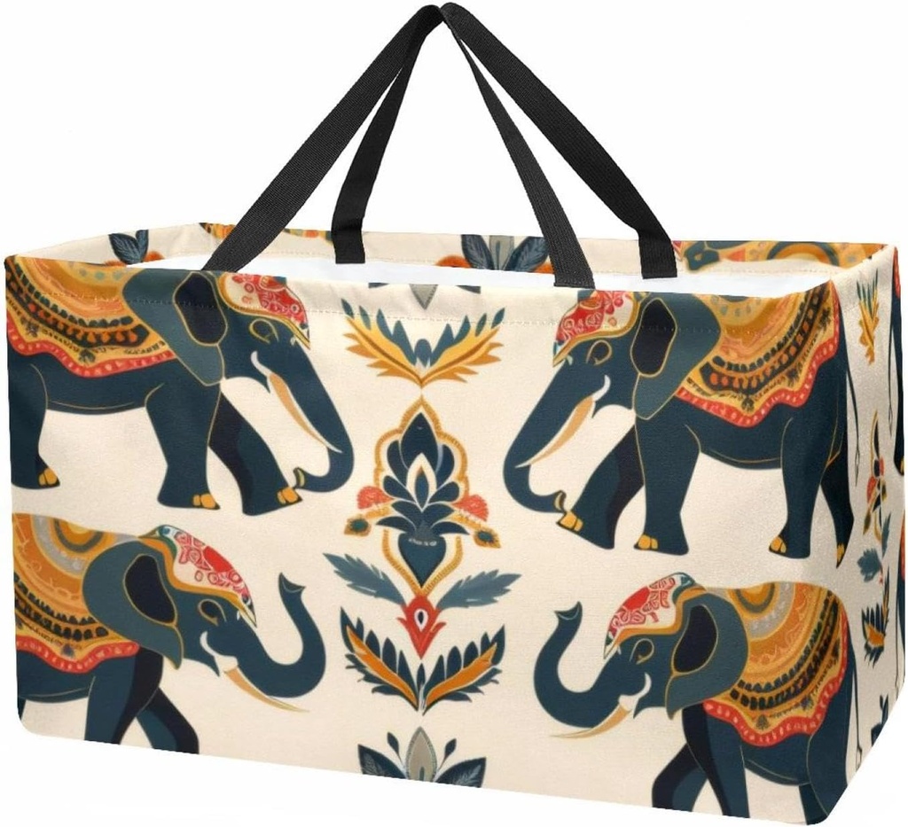 Reusable Grocery Bag Heavy Duty Shopping Tote Bag Foldable with Reinforced Handle, African Style Elephants Flowers Pattern
