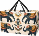 Reusable Grocery Bag Heavy Duty Shopping Tote Bag Foldable with Reinforced Handle, African Style Elephants Flowers Pattern