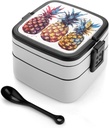 All-in-One Bento Box Stackable Leak-Proof Lunch Box With Carry Handle 2 Layer Portable Meal Prep Container Three Pineapple Pattern Lunchbox with Utensils for Dining Out Work