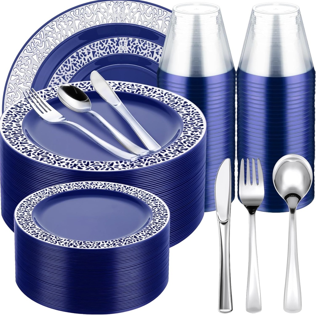 Norme 300 Pieces Disposable Plastic Dinnerware Set, 100 Plastic Plates, 150 Knives, Forks and Spoons with 50 Rimmed Cups for 50 Guests Wedding Party Supplies(Blue Silver)