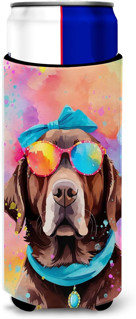 Caroline's Treasures Chocolate Labrador Hippie Dawg Hugger for Ultra Slim Cans Can Cooler Sleeve Hugger Machine Washable Drink Sleeve Hugger Collapsible Insulator Beverage Insulated Holder