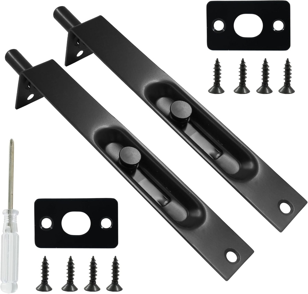 2 Pack 6 Inch Stainless Steel Door Flush Bolt Latch, French Door Lock Latch L Type Lever Action Flush Bolt (Black)