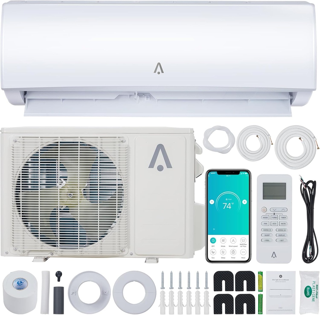 18000 Btus Wifi Enabled Split-System Air Conditioners, R454B 20 SEER2 230V Inverter Ductless Split AC Unit With Pre-Charged Condenser, Heat Pump & Installation Kit, Covers Up to 1250 Sq. Ft
