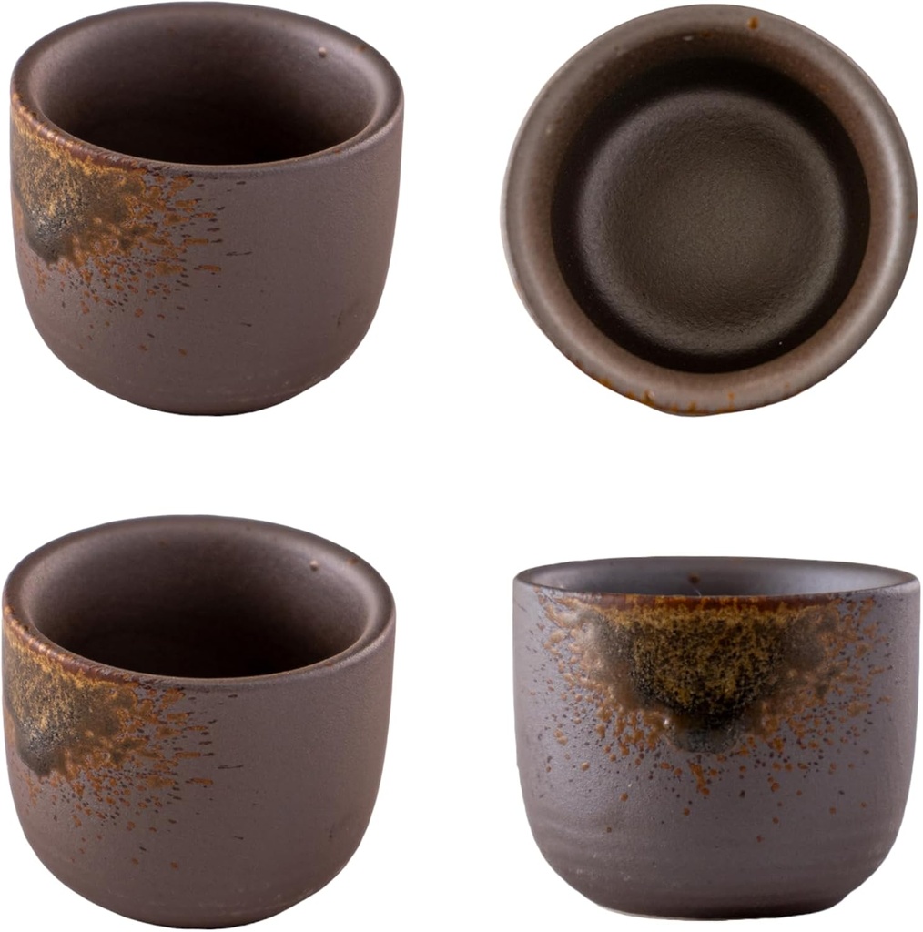 Porcelain Japanese Sake Cups Ochoko Set of 4 oz Hot or Cold Sake Home or Restaurant Supply Use Reactive Glazed Ceramic (Brown Glazed)