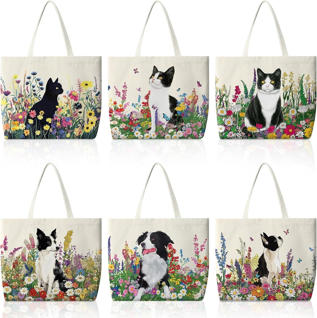 Bencailor 6 Pcs Cat Dog Lover Gifts Vintage Floral Tote Bags with Cute Animal Patterns Aesthetic Reusable Grocery Shopping Canvas Bag Bulk for Women Men Christmas Party Favors Pet Lovers Birthday Gift