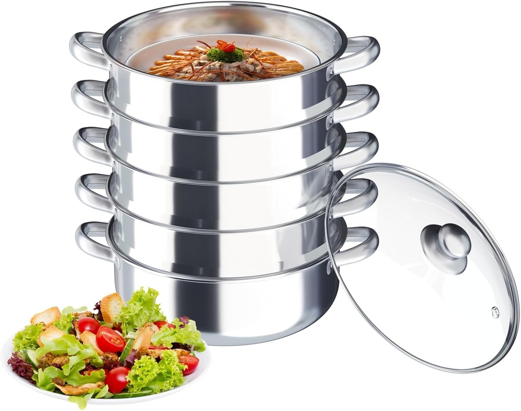 5-Tier Stainless Steel Steamer, 12'' Stockpot Steamer Pot Food Steamer Multi-Layer Cookware Pot with Handles, Kitchen Cooking Multipurpose Cookware for Vegetable, Tamale, Dumpling, Egg