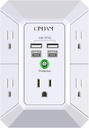 USB Wall Charger, Surge Protector, QINLIANF 5 Outlet Extender with 4 USB Charging Ports (4.8A Total) 3-Sided 1680J Power Strip Multi Plug Outlets Wall Adapter Spaced for Home Travel Office(2U2C),White