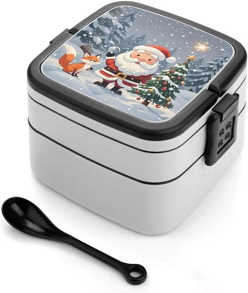 Adult Double-Layer Bento Box Portable Magical Christmas Lunchbox 1 L Capacity Leak-Proof Bento Box Microwave-Safe Food Container with Spoon And Hidden Handle