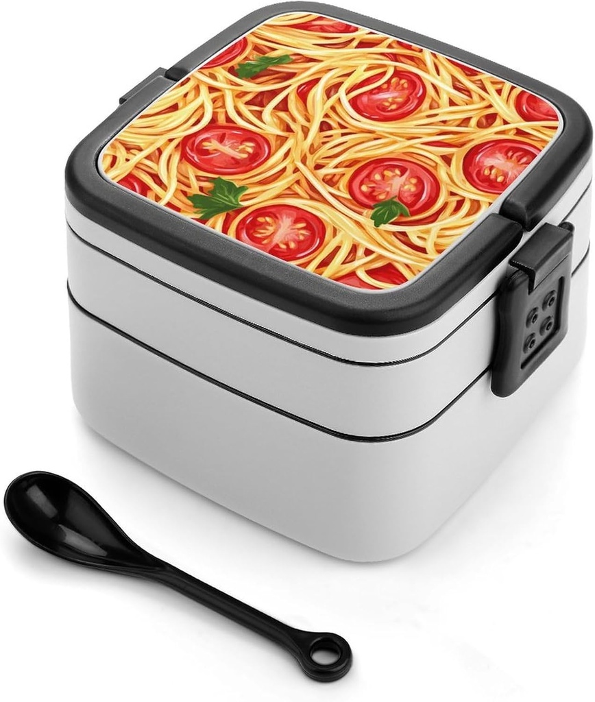 Spaghetti Pasta Noodles Tomato Sauce Stackable Bento Box for Adults Double Layer Lunch Boxes Set with Spoon And Invisible Handle