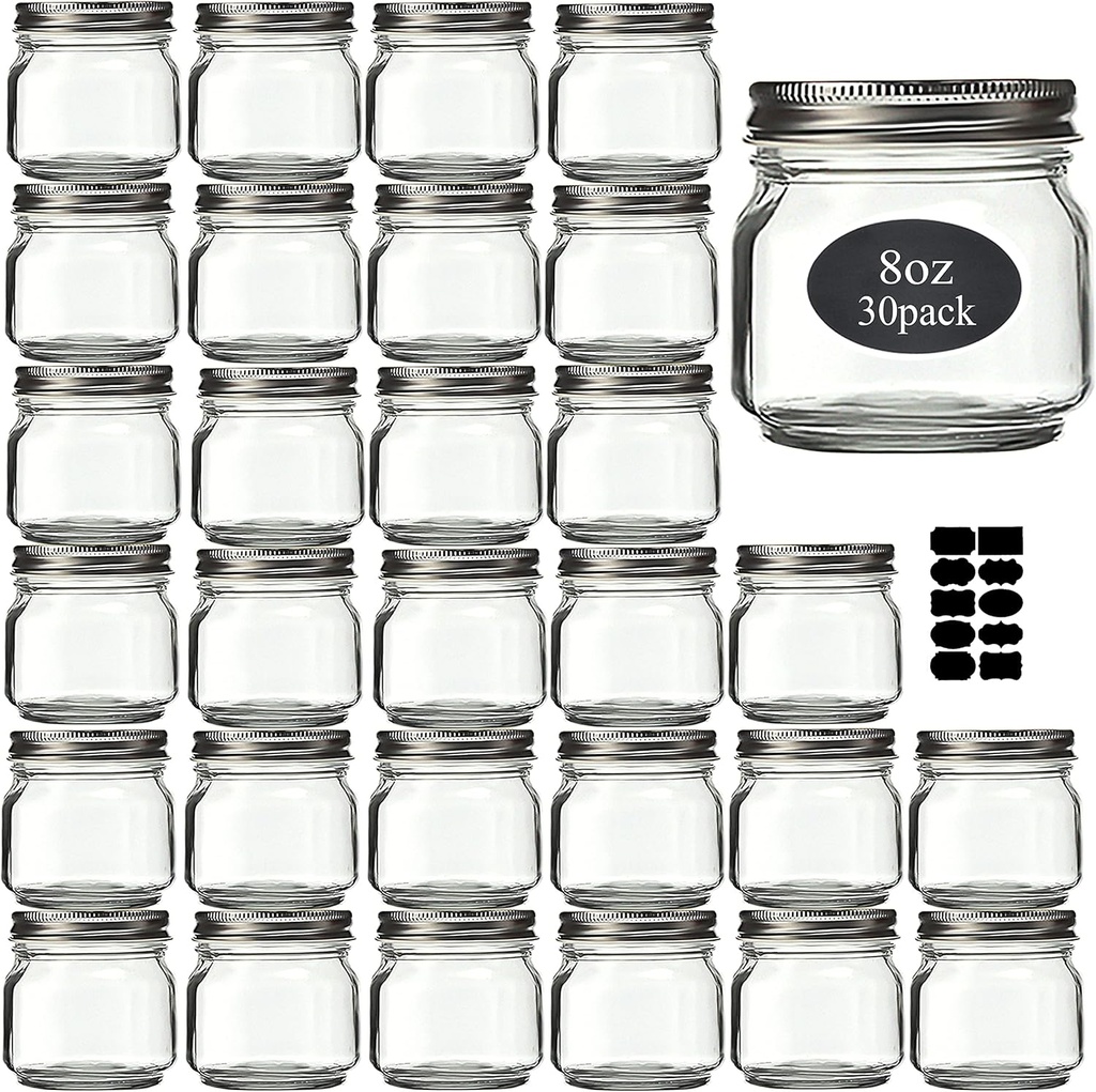 Mason Jars 8 oz 30 Pack- Small Mason Jars With Silver Lids -1/4 Quart Canning Jars| Storage Glass Jars With Lids For Jelly, Jam, Honey, Pickles - Spice Glass Jars - With 30 Chalkboard Labels