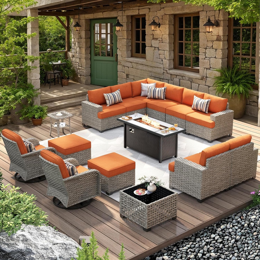 HOOOWOOO Outdoor Sectional Patio Furniture Set with Fire Pit Table,15 Pieces Wicker Conversation Sets L Shaped Couch,Extra Deep Out Door Sofa Outside Furniture with Swivel Chairs Ottomans,Brick Red