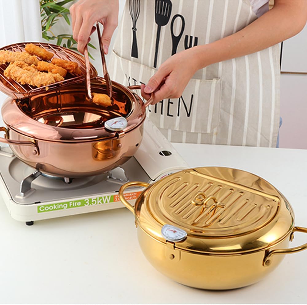 Deep Fryer Pot, 9.8"/2.8Qt Japanese Style Tempura Frying Pot with Lid, 304 Stainless Steel with Temperature Control and Oil Drip Drainer Rack for Kitchen French Fries Squid Ring Dishwasher Safe