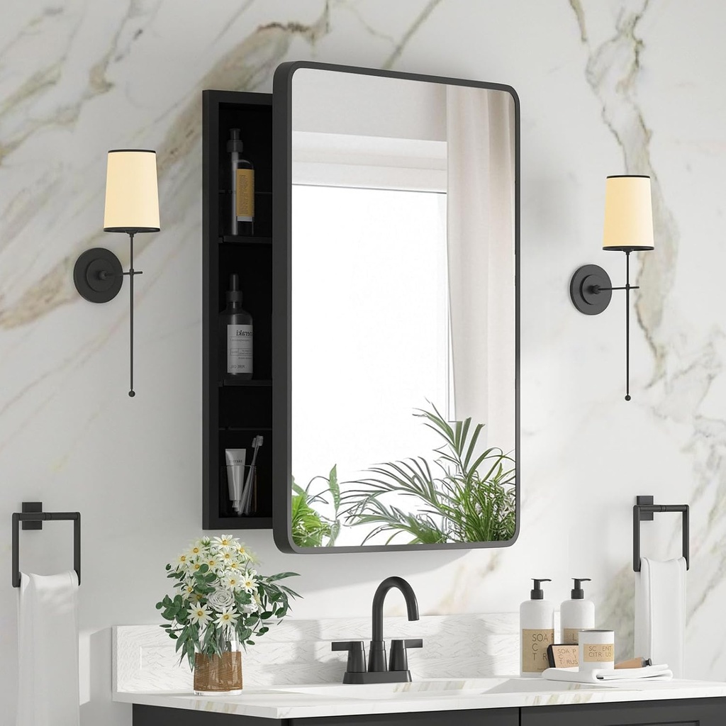 Medicine Cabinet with Mirror, 20x26 Inch Black Bathroom Mirrored Cabinet, Metal Framed Wall Cabinet with Beveled Mirror, Modern Surface Mount or Recessed Medicine Cabinet with Storage