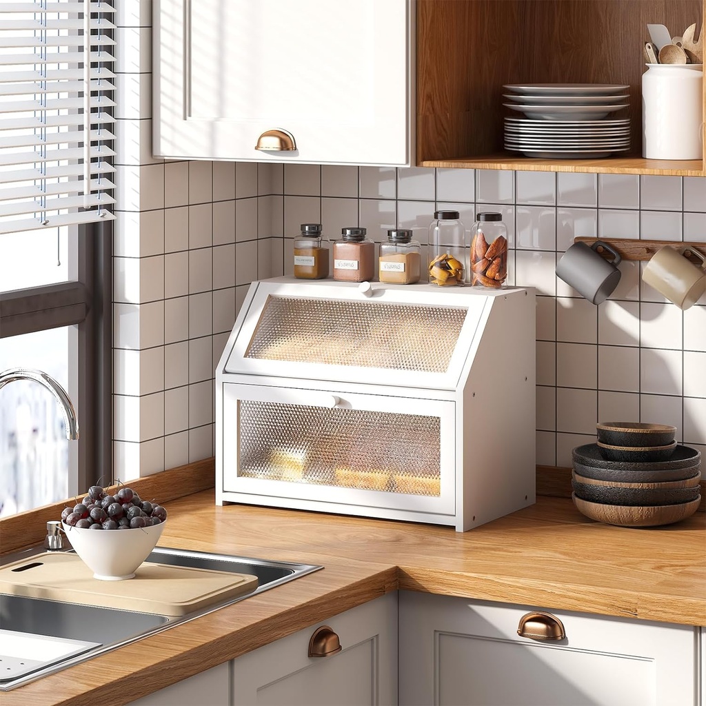 Bread Box for Kitchen Countertop Bin Double Layer Bread Box Storage Container Extra Large Capacity Farmhouse with Diamond Pattern Windows (White, Large)