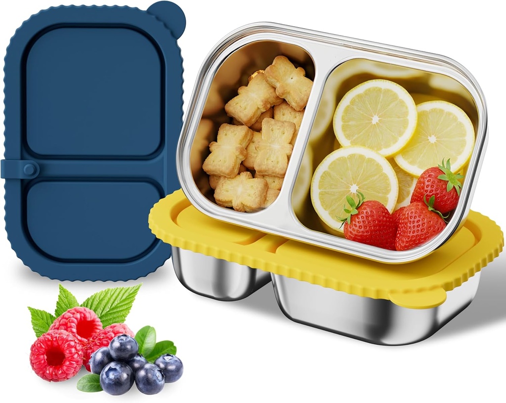 2 Pack Stainless Steel Snack Containers with Silicone Lids, Snackle Pack Containers, Reusable 2 Compartment Snack Box, Food Storage Containers Box for School, Office, Picnic