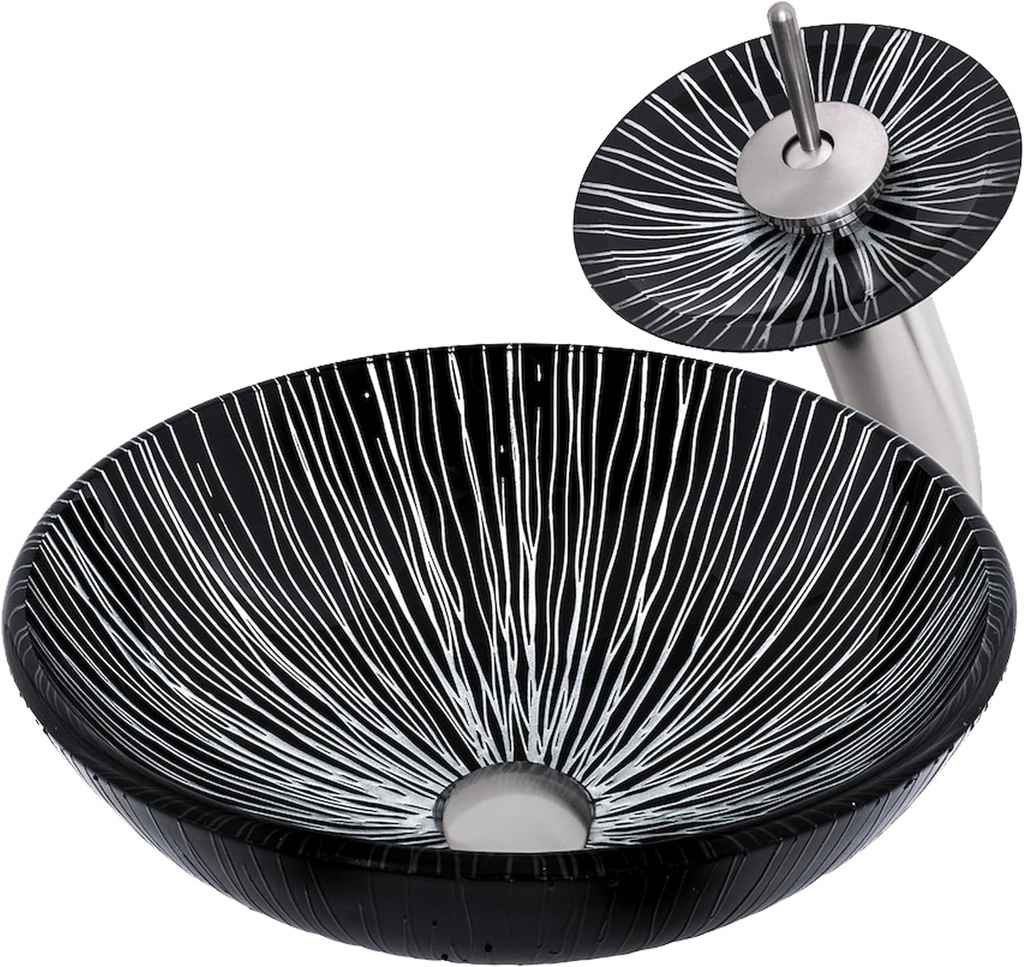 Novatto GODERE Glass Vessel Bathroom Sink Set, Brushed Nickel