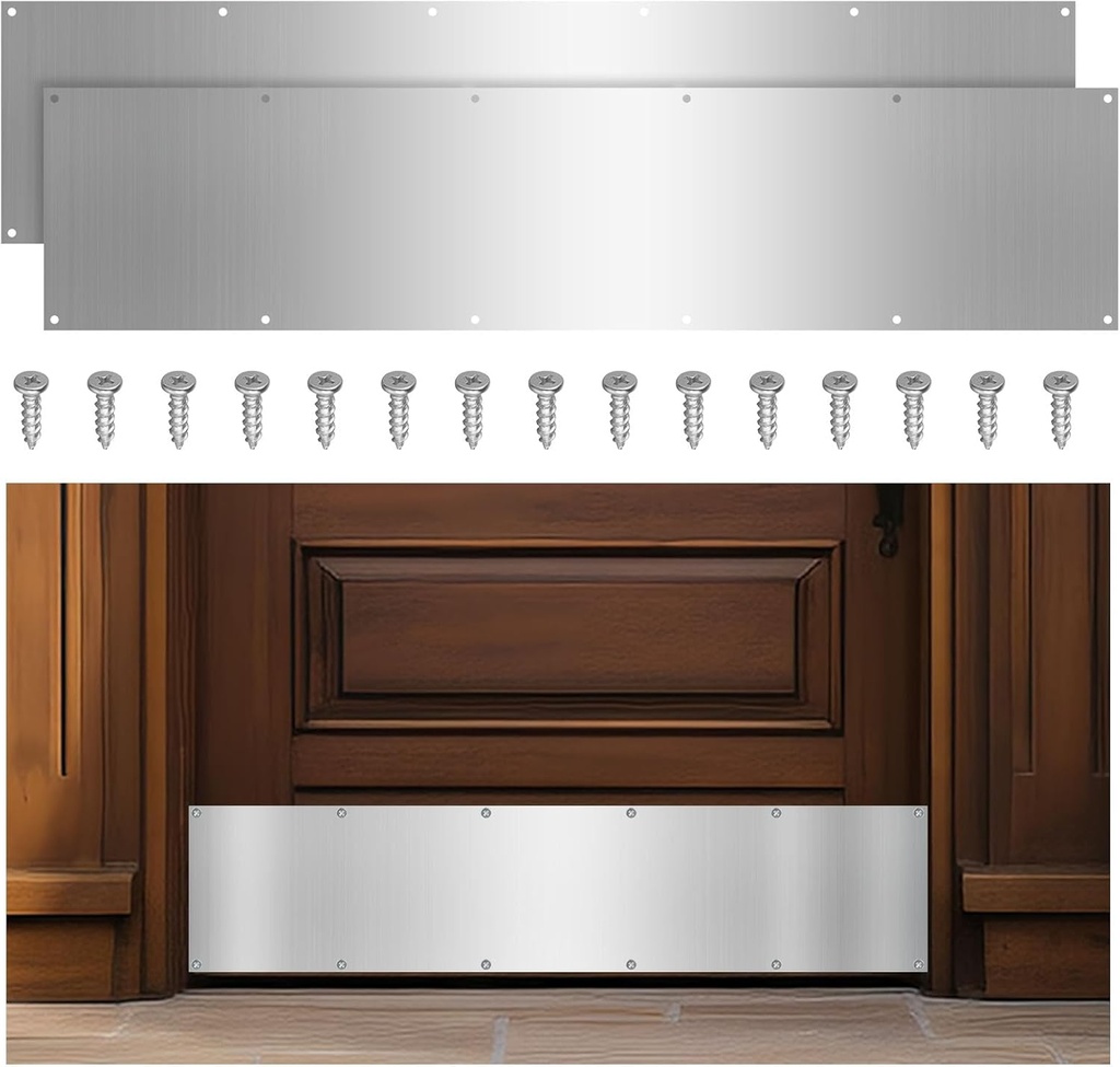 8 x 36 Inches Door Kick Plate with Screws, 2 Sets Satin Aluminum Kick Plates for Interior/Exterior Doors - Anti-Scratch Protection for Wood Metal Doors (2 Sets)